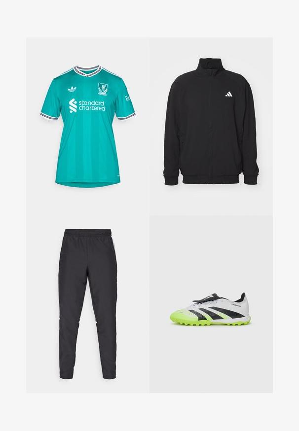 Svart ytterjacka i lätt material, med hög krage, dragkedjestängning, elastiska ärmslut och en vit logotyp på vänster sida.; adidas Performance LIVERPOOL FC 25/26 THIRD JERSEY - Klubbkläder - sea green; Svarta träningsbyxor med elastisk midjeband, smalnande ben och vita sidodetaljer. Tillverkade av syntetiskt material med en slät yta.; Vit och svart fotbollssko med neongröna detaljer. Texturerat övre, svarta ränder och formade dobbar på en kontrasterande, livlig sula.