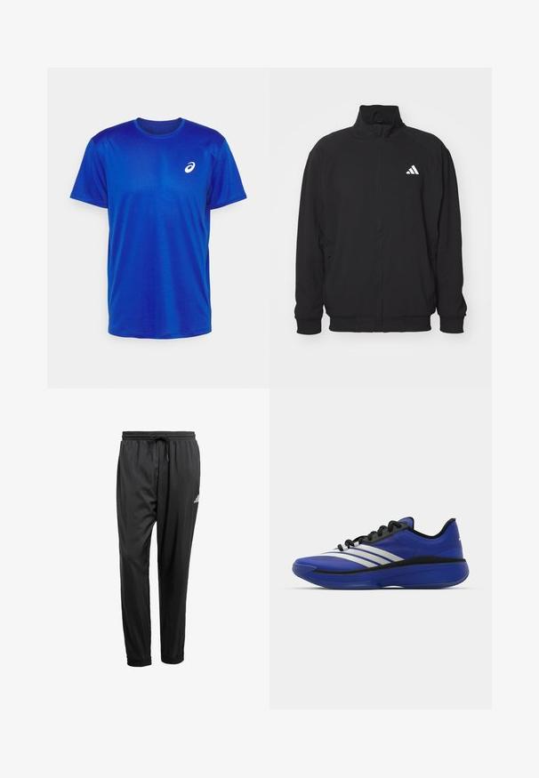 Svart ytterjakke laget av lett stoff, med høy krage, glidelås, elastiske ermer og en hvit logo på venstre side.; ASICS CORE TOP - T-skjorte til trening - blue; Svarte treningsbukser med elastisk linning, snor, mansjetter på anklene og en liten hvit logo på høyre lår.; adidas Performance ADIZERO SELECT 3.0 - Basketballsko - lucid blue/core black/metallic