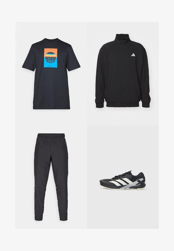 Crna vanjska jakna izrađena od lagane tkanine, s visokim ovratnikom, zatvaranjem na zip, elastičnim manžetama i bijelim logom s lijeve strane.; Crni majica kratkih rukava s centralnom grafikom: narančasti i plavi pravokutnik s ilustracijom košarkaške lopte i natpisom "ADIDAS BASKETBALL."; Crne atletske hlače s elastičnim strukom, sužavajućim nogavicama i bijelim bočnim naglascima. Izrađene od sintetičkog materijala s glatkom teksturom.; Crne atletske cipele s bijelim prugama, mrežasta gornja strana, zaobljeni prst i podstavljeni đon. Imaju teksturiranu petu i siguran sustav vezivanja.