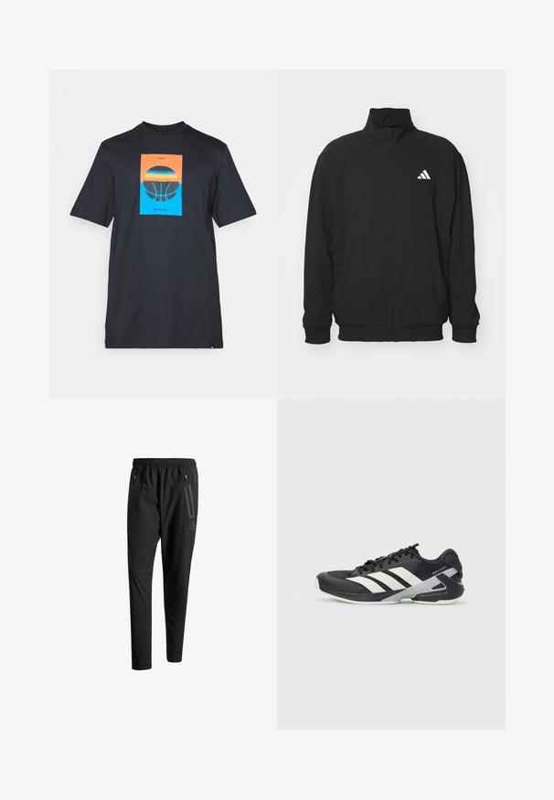 Crna zunanja jakna iz lahkega materiala, z visokim ovratnikom, zadrgo, elastičnimi manšetami in belim logotipom na levi strani.; Črna kratka majica s kratkimi rokavi, ki ima osrednjo grafiko: oranžen in moder pravokotnik z ilustracijo košarke ter besedilom "ADIDAS KOŠARKA".; Črne športne hlače z elastičnim pasom, dvema žepoma na zadrgo ob strani, zoženimi hlačnicami in diskretnim logotipom na boku.; Črne atletske čevlje z belimi črtami, mrežastim zgornjim delom, zaobljenim nosom in blaženim podplatom. Imajo teksturiran petni del in varen sistem vezalk.