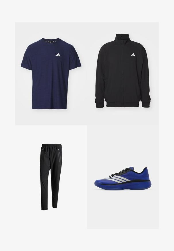 Casaco exterior preto feito de tecido leve, com colarinho alto, fecho de correr, punhos elásticos e um logo branco do lado esquerdo.; T-shirt azul-marinho de manga curta, feito de um tecido texturizado, com um decote redondo e um design de logótipo branco na área do peito esquerdo.; Calças de treino pretas com uma cintura elástica, dois bolsos laterais com fecho, pernas ajustadas e um discreto detalhe de logotipo no quadril.; adidas Performance ADIZERO SELECT 3.0 - Sapatilhas de basquetebol - lucid blue/core black/metallic