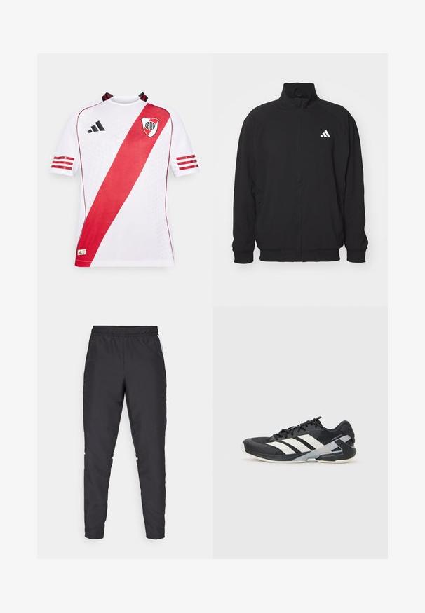 Jachetă exterioară neagră confecționată dintr-un material ușor, având un guler înalt, închidere cu fermoar, manșete elastice și un logo alb pe partea stângă.; Tricou sportiv alb, cu mânecă scurtă, având o dungi roșie diagonală, accente negre și logo-ul pe partea stângă a pieptului, confecționat dintr-un material respirabil.; Pantaloni de sport negri cu talie elastică, picioare conice și accente laterale albe. Fabricat din material sintetic cu o textură netedă.; Pantofii sport negri cu dungi albe, superior din plasă, vârf rotunjit și talpă îmbunătățită pentru amortizare. Au o călcătură texturată și un sistem de șireturi securizat.