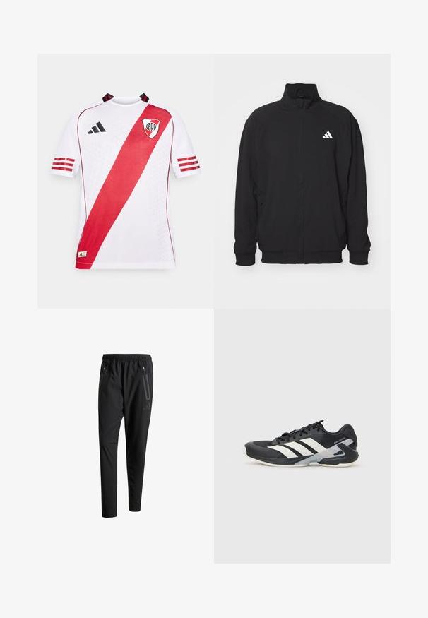 Black outer jacket made of lightweight fabric, featuring a high collar, zip closure, elastic cuffs, and a white logo on the left side.; White short-sleeve sports jersey featuring a diagonal red stripe, black accents, and the logo on the left chest, made from breathable fabric.; Black athletic pants with an elastic waistband, two zippered side pockets, tapered legs, and a subtle logo detail on the hip.; Black athletic shoe with white stripes, mesh upper, rounded toe, and cushioned sole. Features a textured heel and secure lacing system.