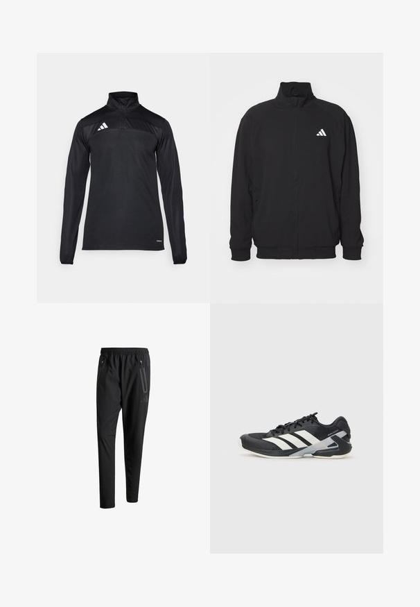 Black outer jacket made of lightweight fabric, featuring a high collar, zip closure, elastic cuffs, and a white logo on the left side.; Black athletic pullover with long sleeves, quarter-zip collar, textured upper panel, and white logo accents on the left shoulder.; Black athletic pants with an elastic waistband, two zippered side pockets, tapered legs, and a subtle logo detail on the hip.; Black athletic shoe with white stripes, mesh upper, rounded toe, and cushioned sole. Features a textured heel and secure lacing system.