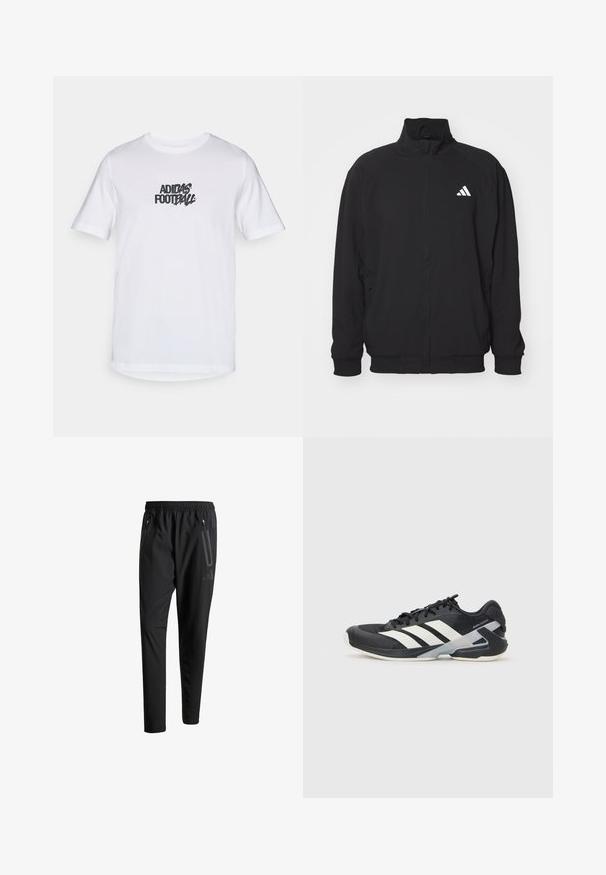 Chaqueta exterior negra hecha de un tejido ligero, con un alto cuello, cierre de cremallera, puños elásticos y un logo blanco en el lado izquierdo.; Camiseta de algodón blanca con mangas cortas, que presenta un gráfico negro de Adidas Football en el frente. Diseño de cuello redondo estándar.; Pantalones deportivos negros con una cintura elástica, dos bolsillos laterales con cremallera, piernas ajustadas y un discreto detalle de logo en la cadera.; Zapatilla deportiva negra con franjas blancas, parte superior de malla, punta redondeada y suela acolchada. Presenta un talón texturizado y un sistema de cordones seguro.
