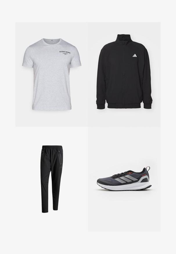 Svart ytterjakke laget av lett stoff, med høy krage, glidelås, elastiske ermer og en hvit logo på venstre side.; Lys grå bomull t-skjorte med korte ermer og rund hals. Svart logo trykket på øvre venstre brystområde.; Svarte treningsbukser med elastisk liv, to glidelåslommer på sidene, avsmalnende ben og en subtil logo detalj ved hoften.; Løpesko i svart med grå detaljer. Har en teksturert overdel, solid såle og reflekterende striper. Lett design med polstret mellomsåle.