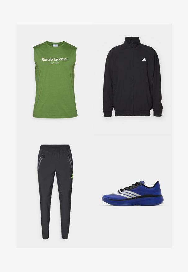 Fekete, könnyű anyagból készült külsődzseki, magas gallérral, cipzáros záródással, rugalmas mandzsettákkal és fehér logóval a bal oldalon.; Zöld, ujjatlan pamut póló. A mellkason középen fehér szöveg található: "Sergio Tacchini EST. 1966". Egyszerű dizájn, egyszínű.; adidas Performance REAL MADRID TIRO25 PRO VIS TECH TRAVEL PANT - Klubruházat - black/lucid lemon; adidas Performance ADIZERO SELECT 3.0 - Kosárlabdacipők - lucid blue/core black/metallic