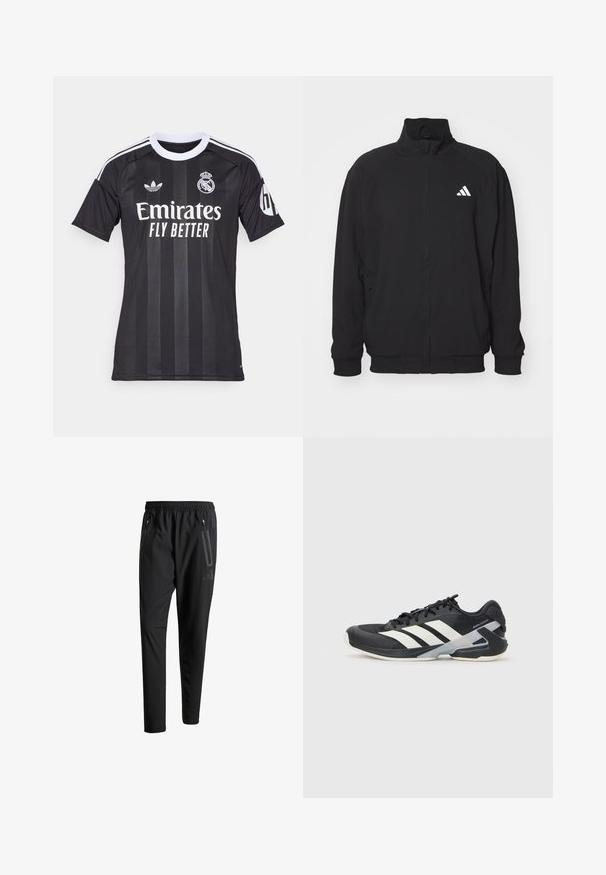 Must kandjast valmistatud kergest kangast, millel on kõrge krae, lukuga sulgemine, elastsed mansetid ja valge logo vasakul küljel.; Must musta Real Madrid jalgpallisärk valge kraega, Adidas ja meeskonna logod, Emirates Fly Better sponsoritekst ning HP logo varrukal.; Mustavad spordipüksid elastse vöökoha, kahe tõmblukuga küljetasku, kitsenevate säärete ning õrna logodetailiga puusadel.; Mustad sportlik jalanõud mustade värvidega, valgete triipudega, võrgusilma pealmine osa, ümar varvas ja pehme tallaga. Omab tekstureeritud kontsa ja kindlat paeltesüsteemi.