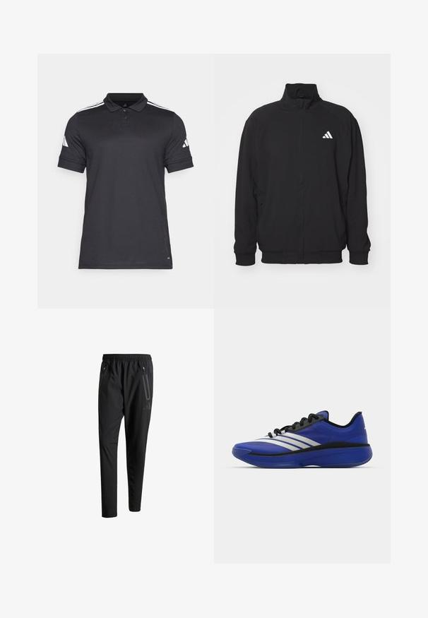 Svart ytterjakke laget av lett stoff, med høy krage, glidelås, elastiske ermer og en hvit logo på venstre side.; Svart polo-skjorte med klassisk krage, tre-knapp placket, kortermet, og hvite striper på skuldrene. Laget av pustende stoff.; Svarte treningsbukser med elastisk liv, to glidelåslommer på sidene, avsmalnende ben og en subtil logo detalj ved hoften.; adidas Performance ADIZERO SELECT 3.0 - Basketballsko - lucid blue/core black/metallic