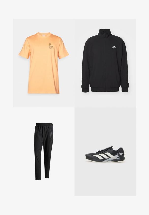 Svart ytterjakke laget av lett stoff, med høy krage, glidelås, elastiske ermer og en hvit logo på venstre side.; Oransje bomull t-skjorte med korte ermer, rund hals og trykt tekstdesign på fronten: "HELE DAGEN DRØMMER JEG OM S." Glatt tekstur, avslappet passform.; Svarte treningsbukser med elastisk liv, to glidelåslommer på sidene, avsmalnende ben og en subtil logo detalj ved hoften.; Svart treningssko med hvite striper, mesh-overdel, avrundet tå og polstret såle. Har en teksturert hæl og et sikkert snøresystem.