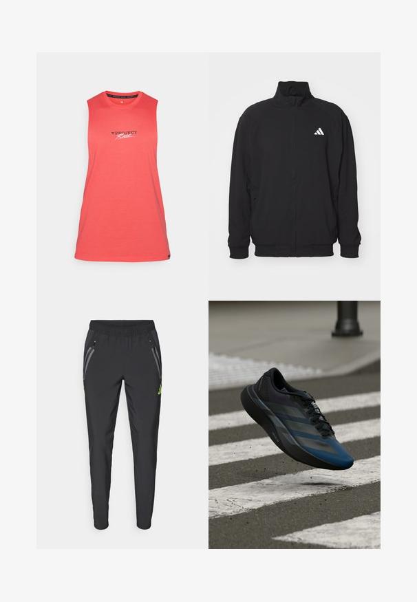 Black outer jacket made of lightweight fabric, featuring a high collar, zip closure, elastic cuffs, and a white logo on the left side.; Sleeveless coral tank top made of soft fabric, featuring a round neck and a graphic print "PROJECT ROCK" in black across the chest.; adidas Performance REAL MADRID TIRO25 PRO VIS TECH TRAVEL PANT - Club wear - black/lucid lemon; Black and blue athletic shoe with a streamlined design, featuring a textured upper, contrasting stripes, and a cushioned sole, hovering over pavement.