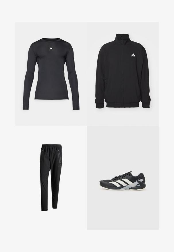 Casaco exterior preto feito de tecido leve, com colarinho alto, fecho de correr, punhos elásticos e um logo branco do lado esquerdo.; Camisa atlética de mangas longas preta, feita de um material suave e elástico. Apresenta um decote redondo e um logotipo branco discreto no peito.; Calças de treino pretas com uma cintura elástica, dois bolsos laterais com fecho, pernas ajustadas e um discreto detalhe de logotipo no quadril.; Sapata atlética preta com riscas brancas, parte superior em malha, biqueira arredondada e sola acolchoada. Apresenta um calcanhar texturizado e um sistema de atacadores seguro.