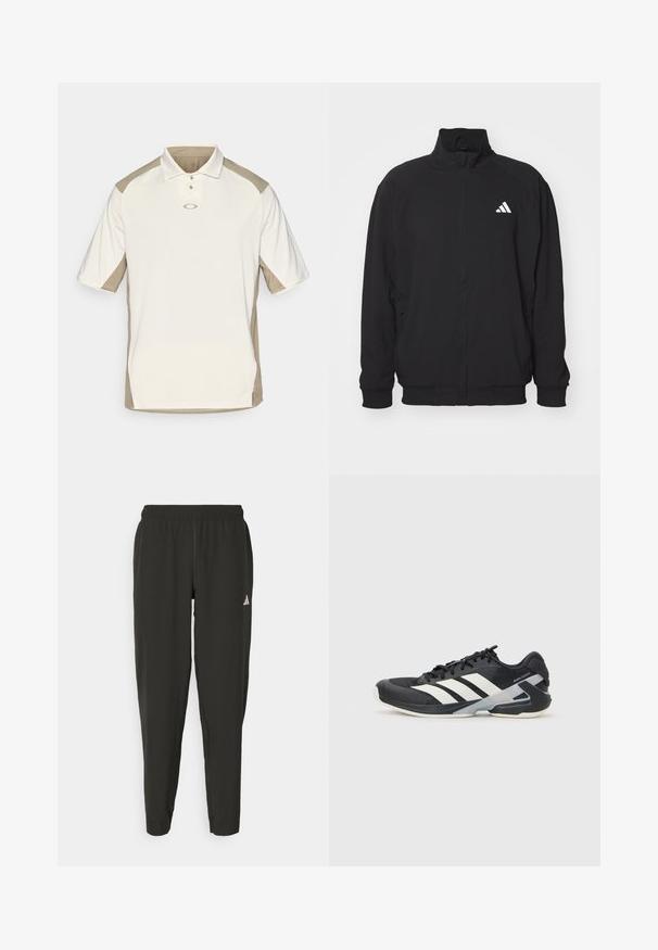 Chaqueta exterior negra hecha de un tejido ligero, con un alto cuello, cierre de cremallera, puños elásticos y un logo blanco en el lado izquierdo.; Polo en color beige claro y crema, con mangas cortas, una tapeta de tres botones y paneles de hombro en contraste, hecho de una tela suave.; Pantalones deportivos negros con cinturilla elástica, ajuste Slim y logo blanco en la pierna izquierda. Tejido suave y ligero.; Zapatilla deportiva negra con franjas blancas, parte superior de malla, punta redondeada y suela acolchada. Presenta un talón texturizado y un sistema de cordones seguro.