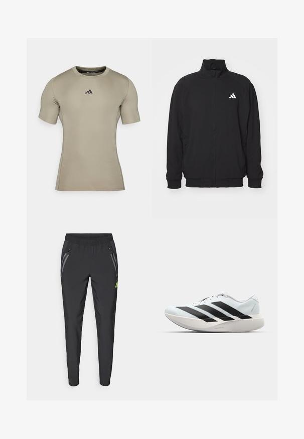 Jachetă exterioară neagră confecționată dintr-un material ușor, având un guler înalt, închidere cu fermoar, manșete elastice și un logo alb pe partea stângă.; Tricou athletc, ajustat, cu mânecă scurtă, în nuanță de bej deschis, realizat dintr-un material neted și elastic. Prezintă un logo negru pe piept și decolteu rotund.; adidas Performance REAL MADRID TIRO25 PRO VIS TECH TRAVEL PANT - Echipament cluburi fotbal - black/lucid lemon; Pantofi de alergare ușori în albastru deschis cu dungi negre. Au un superior neted, vârf rotund și o intermediară groasă albă etichetată "LIGHTSTRIKE PRO."