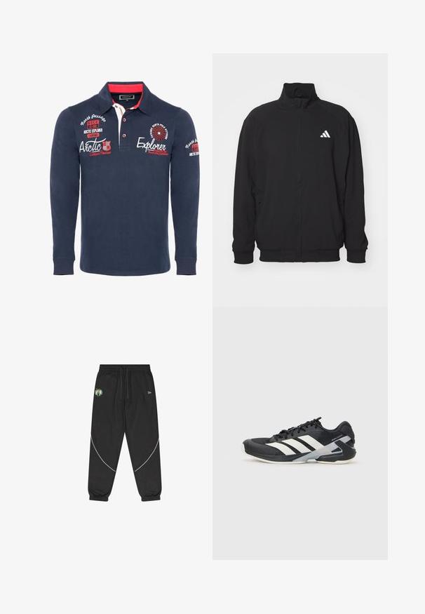 Czarna zewnętrzna kurtka wykonana z lekkiego materiału, z wysokim kołnierzem, zapięciem na zamek, elastycznymi mankietami oraz białym logo po lewej stronie.; Granatowa koszula polo z długim rękawem, wykonana z bawełny, z kołnierzykiem, czerwonymi akcentami oraz haftowanym tekstem i grafikami na klatce piersiowej i rękawach.; Czarne dresy wykonane z miękkiej tkaniny, z elastycznym paskiem w talii i sznurkiem, z bocznymi lamówkami oraz haftowanym logo.; Czarne buty sportowe z białymi paskami, siateczkowa cholewka, zaokrąglony czubek i amortyzowana podeszwa. Posiadają teksturowany obcas i pewny system sznurowania.