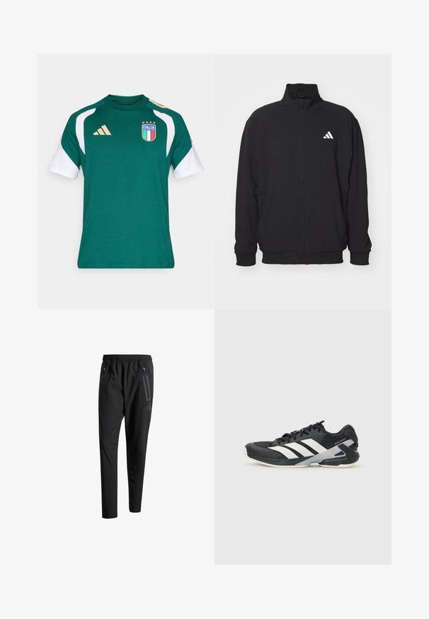 Chaqueta exterior negra hecha de un tejido ligero, con un alto cuello, cierre de cremallera, puños elásticos y un logo blanco en el lado izquierdo.; Camiseta deportiva verde con mangas blancas, con un logo de Italia bordado y detalles en dorado, fabricada con un material suave y transpirable.; Pantalones deportivos negros con una cintura elástica, dos bolsillos laterales con cremallera, piernas ajustadas y un discreto detalle de logo en la cadera.; Zapatilla deportiva negra con franjas blancas, parte superior de malla, punta redondeada y suela acolchada. Presenta un talón texturizado y un sistema de cordones seguro.
