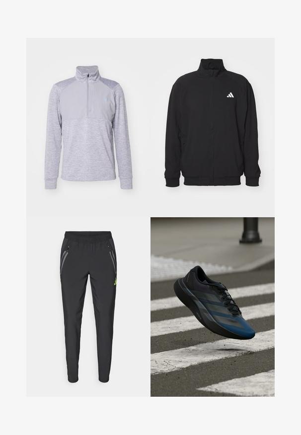 Giacca esterna nera realizzata in tessuto leggero, con colletto alto, chiusura con zip, polsini elasticizzati e logo bianco sul lato sinistro.; Pullover grigio con colletto a mezza zip, caratterizzato da un corpo testurizzato e pannelli superiori lisci. Maniche lunghe con polsi a costine e dettaglio del logo.; adidas Performance REAL MADRID TIRO25 PRO VIS TECH TRAVEL PANT - Squadra - black/lucid lemon; Scarpa sportiva nera e blu con un design aerodinamico, presenta una tomaia testurizzata, strisce a contrasto e una suola ammortizzata, sospesa sopra l'asfalto.