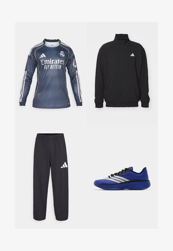 Svart ytterjakke laget av lett stoff, med høy krage, glidelås, elastiske ermer og en hvit logo på venstre side.; Målvaktsdrakt i mørk marineblå, med hvite detaljer og en ribbet tekstur. "Emirates Fly Better"-logoen foran, tre striper på ermene.; Svarte joggebukser med avslappet passform, med elastisk midje og en hvit geometrisk logo på venstre bein. Glatt stoffstruktur.; adidas Performance ADIZERO SELECT 3.0 - Basketballsko - lucid blue/core black/metallic