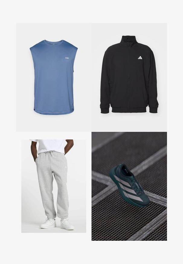 Black outer jacket made of lightweight fabric, featuring a high collar, zip closure, elastic cuffs, and a white logo on the left side.; ICANIWILL STRIDE SLEEVELESS - Top - dusty twilight blue; Man wearing light gray sweatpants with drawstring and white sneakers, standing with hands in pockets on a white background.; Dark teal athletic shoe with a textured upper, featuring three white stripes, a rounded toe, and a cushioned sole.