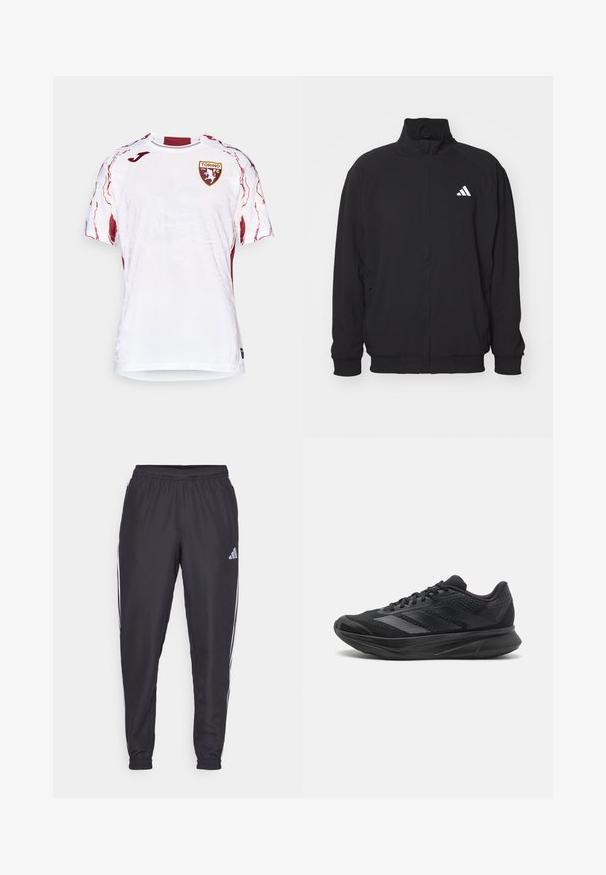 Crna vanjska jakna izrađena od lagane tkanine, s visokim ovratnikom, zatvaranjem na zip, elastičnim manžetama i bijelim logom s lijeve strane.; Bijela kratkih rukava majica s teksturiranim dizajnom i marsala akcentima, te logotipom Torino FC-a na lijevoj strani prsiju.; Crne sportske hlače s elastičnom gumicom u struku, s bijelim prugama uz bokove i malim logotipom na kuku. Glatka tekstura.; Crne atletske cipele od mrežastih i sintetičkih materijala, aerodinamičan dizajn, zakrivena potplat i teksturirani detalji na gornjem dijelu.