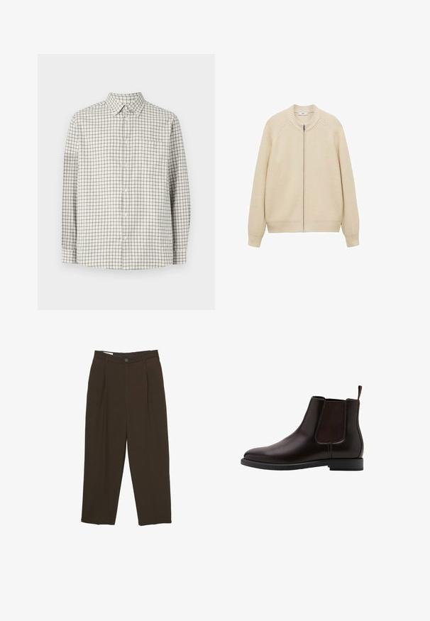 Beige neulecardigan, jossa on ribbikuvioinen kaulus ja hihat, täydellinen vetoketju edessä ja teksturoitu pinta. Ei taskuja tai muita koristeita.; Pitkähihaisen nappipaidan vaaleanbeigen sävy tummanharmaalla ruudullisella kuosisella. Varustettu kauluksella ja yhdellä rintataskulla. Pehmeä kangastuntuma.; Tummanruskeat muotoonommellut housut, joissa on etupleikkaukset, vyölenkit ja nappikiinnitys vyötäröllä.; Kahvipunaiset nahka Chelsea saappaat elastisilla sivupaneeleilla, pyöreällä varvalla ja vedettävällä lenkillä helppoa pukemista varten. Litteä kumipohja. Yksinkertainen muotoilu.