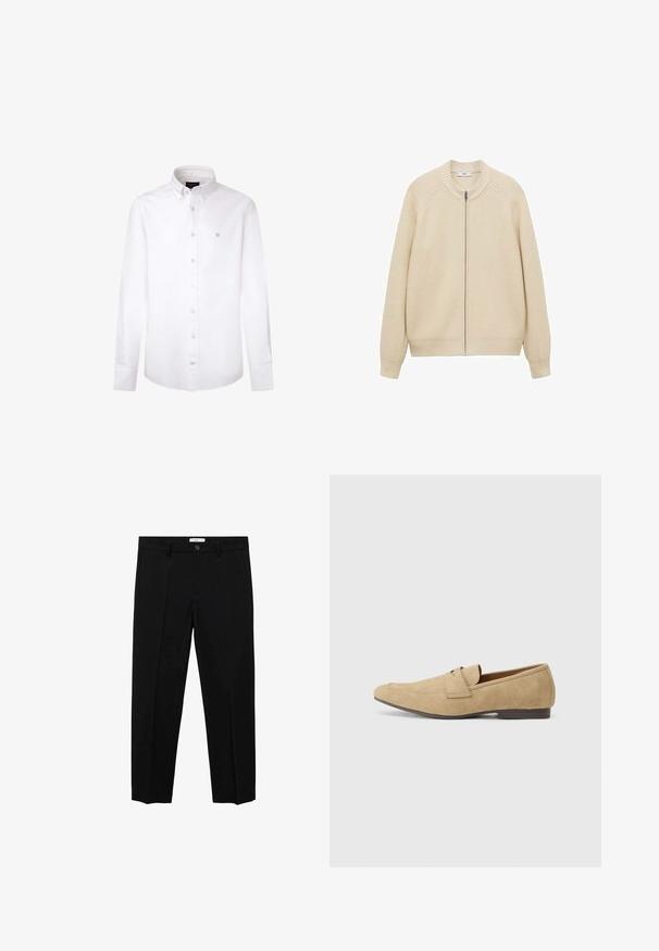 Beżowy sweter z dzianiny z prążkowanym kołnierzem i mankietami, z pełnym zamkiem z przodu i teksturowaną powierzchnią. Brak kieszeni ani dodatkowych akcentów.; Biała koszula z długim rękawem wykonana z bawełny. Posiada klasyczny kołnierzyk zapinany na guziki, guziki z przodu oraz małe niebieskie logo na lewej piersi.; Czarne spodnie o dopasowanym kroju, z prostymi nogawkami, z pojedynczym zapięciem na guzik, paskami i plisami z przodu. Wykonane z gładkiego materiału.; Beżowe zamszowe mokasyny z lekkim połyskiem, z okrągłym noskiem, zakładanym fasonem i niskim brązowym obcasem. Subtelne detale przeszycia.