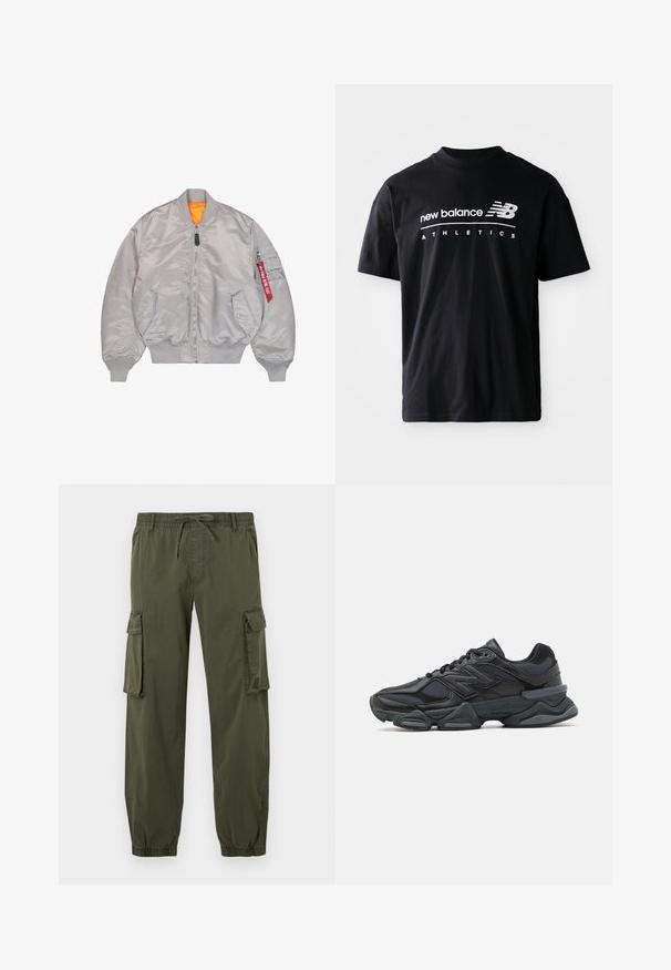 Ljusgrå bomberjacka med frontdragkedja, två knäppningsfickor, ribbade ärmar och nederkant, samt ett orange innerfoder.; Svart bomullströja med rund halsringning, korta ärmar och vit textgrafik med "new balance" och "ATHLETICS" på framsidan.; Olivgrön cargobyxor i lätt tyg. Elastisk midja med dragsko, två sidofickor och två cargofickor på låren.; Svart löparsko med en kombination av mesh och syntetiska material, kraftig sula, rundad design och framträdande varumärkning på sidan.