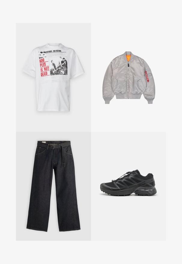 Svetlošedá bomber bunda s predným zipsom, dvoma vreckami na cvoky, rebrovanými manžetami a lemom a s oranžovou vnútornou podšívkou.; The Kooples Tričko s potlačou - ecru; Tmavé denimové nohavice so širokými nohavicami a opaskom v páse, s prednými vreckami a kontrastným šitím. Hladká textúra s čistým dizajnom.; Čierne behacie topánky so sieťovinovým a syntetickým zvrškom, flexibilná podrážka a elastické šnúrky. Obsahuje polstrovanú medzipodrážku pre pohodlie.