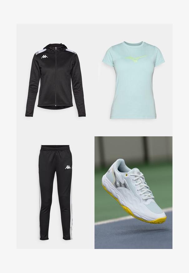 Black athletic jacket with a zip front, hood, and side pockets. Features white shoulder stripes and a logo on the chest. Smooth texture.; Light blue cotton t-shirt with short sleeves and a round neck, featuring a reflective green logo on the front. Smooth texture, slim fit.; Black athletic pants with white side stripes, elastic waistband, and a small white logo on the front left hip. Smooth texture, fitted design.; White athletic shoe with a textured mesh upper, yellow accents on the sole, and a streamlined design featuring a black logo detail.