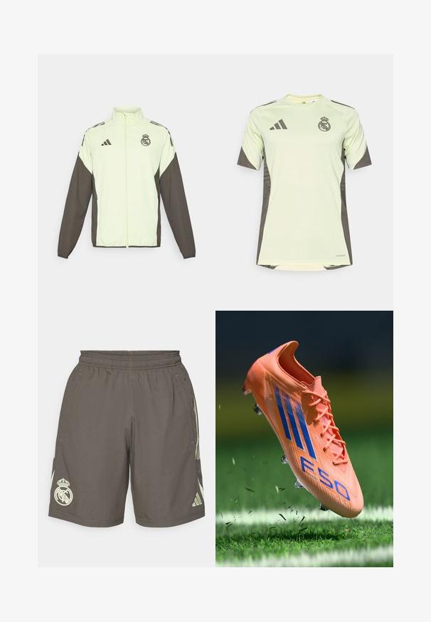 Adidas jaka ar gaiši zaļu ķermeni un tumši brūnām piedurknēm. Iekļauj augstu apkakli, priekšējo rāvējslēdzēju un logotipu uz krūtīm.; Gaiši zaļš īsām piedurknēm džersija ar tumši pelēkiem akcentiem, ar komandas logo uz krūtīm, izgatavota no elpojoša materiāla ar mitrumu vogošitu tehnoloģiju.; Pelēki sporta šorti ar elastīgu jostu, gaiši zaļi sānu svītriņas un baltu Real Madrid logo kreisajā apakšmalā.; Oranžs futbola apavu ar ziliem svītrām un tekstūras detaļām, ar paaugstinātu apkakli un sešiem spieķiem, suspendēts virs zālāja laukuma.