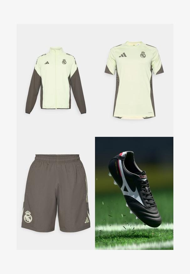 Bundová bunda Adidas s svetlozeleným telom a tmavo hnedými rukávmi. Obsahuje vysoký golier, predný zips a logo na hrudi.; Svetlozelený krátky rukáv dres s tmavosivými akcentmi, s logom tímu na hrudi, vyrobený z priedušného materiálu s technológiou odvádzania vlhkosti.; Šedé športové šortky s elastickým pásom, svetlozelenými bočnými pruhmi a bielym logom Real Madrid na ľavom leme.; Čierny futbalový kopačka s bielymi prvkami, koženým vrchom, zvýšenými šnúrkami a šiestimi priehľadnými kolíkmi, vznášajúca sa nad zelenou trávou s rozptýlenými nečistotami.