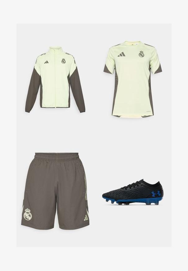 Adidas jaka ar gaiši zaļu ķermeni un tumši brūnām piedurknēm. Iekļauj augstu apkakli, priekšējo rāvējslēdzēju un logotipu uz krūtīm.; Gaiši zaļš īsām piedurknēm džersija ar tumši pelēkiem akcentiem, ar komandas logo uz krūtīm, izgatavota no elpojoša materiāla ar mitrumu vogošitu tehnoloģiju.; Pelēki sporta šorti ar elastīgu jostu, gaiši zaļi sānu svītriņas un baltu Real Madrid logo kreisajā apakšmalā.; Melna futbolu zābaku ar fakturētu augšu, ziliem akcentiem uz zoles un logotipa, kā arī melnām auklām. Izstrādāti, lai nodrošinātu saķeri un atbalstu.