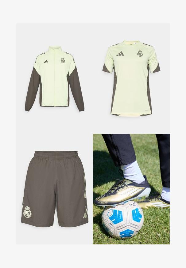 Chaqueta Adidas con un cuerpo verde claro y mangas marrón oscuro. Incluye un cuello alto, cremallera frontal y logo en el pecho.; Jersey de manga corta verde claro con acentos en gris oscuro, con el logo del equipo en el pecho, fabricado con material transpirable y tecnología que absorbe la humedad.; Pantalones cortos deportivos grises con una cintura elástica, rayas laterales de color verde claro y un logo blanco del Real Madrid en el dobladillo izquierdo.; adidas Performance F50 ELITE FG MESSI - Botines de fútbol para terreno firme - gold metallic/footwear white/core black