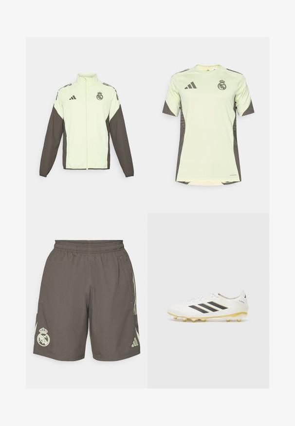 Jachetă Adidas cu un corp verde deschis și mâneci maro închis. Include un guler înalt, fermoar frontal și logo pe piept.; Tricou scurt cu mânecă, de culoare verde deschis, cu accente gri închis, având logo-ul echipei pe piept, realizat dintr-un material respirabil cu tehnologie de eliminare a umezelii.; Shorts sportive gri, cu talie elastică, dungi laterale verzi deschise și un logo alb al echipei Real Madrid pe tivul stâng.; Ciorap de fotbal alb cu trei dungi negre, suprafață texturată și cuie galbene. Designul include un model subtil și detalii cu logo.