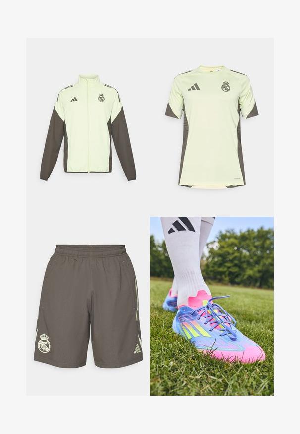 Adidase jakk, mis on kerge rohelise kehaga ja tumedate pruunide varrukatega. Sisaldab kõrget krae, esistzipperit ja logo rinnal.; Hele rohelise värvi lühikeste varrukatega särk tumehallide aktsentidega, mis on varustatud meeskonna logoga rinnal, valmistatud hingavast materjalist, millel on niiskust eemal hoidvad tehnoloogiad.; Hallid hallid spordilühikesed püksid, millel on elastne vöökoht, helesinised külgtriibud ja vasakpoolsel äärmisel kohal valge Real Madridi logo.; Adidase jalgpalliketsid sinises, roosas ja neoonkollases; tekstureeritud sünteetiline ülemine osa, kumer disain, erineva pikkusega nöörid ja koonuslikud nupud haardeks.