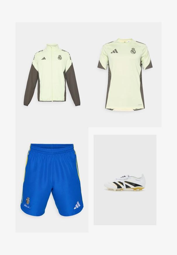 Chaqueta Adidas con un cuerpo verde claro y mangas marrón oscuro. Incluye un cuello alto, cremallera frontal y logo en el pecho.; Jersey de manga corta verde claro con acentos en gris oscuro, con el logo del equipo en el pecho, fabricado con material transpirable y tecnología que absorbe la humedad.; adidas Performance JUVENTUS TURIN URBAN PURIST SHORT - Equipación de clubes - team royal blue; Botín de fútbol blanco con acentos en negro y dorado, que presenta tres rayas negras, parte superior texturizada y tacos moldeados para tracción.