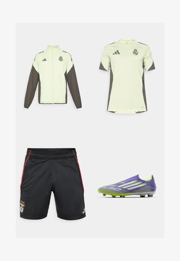 Jakna Adidas s svetlo zelenim telesom in temno rjavimi rokavi. Vključuje visok ovratnik, sprednji zadrgo in logo na prsih.; Svetlo zelena majica s kratkimi rokavi z temno sivoj akcenti, na prsih z logotipom ekipe, izdelana iz zračnega materiala s tehnologijo za odvajanje vlage.; Črne atletske kratke hlače z rdečimi stranskimi črtami, elastičen pas, s klubskim logotipom in tremi zlatimi zvezdami. Narejene iz gladkega, zračnega materiala.; Nogometna kopačka v vijolični in zeleni barvi, s prefinjenim dizajnom, teksturiranim zgornjim delom s črtnimi vzorci in prosojnim podplatom.