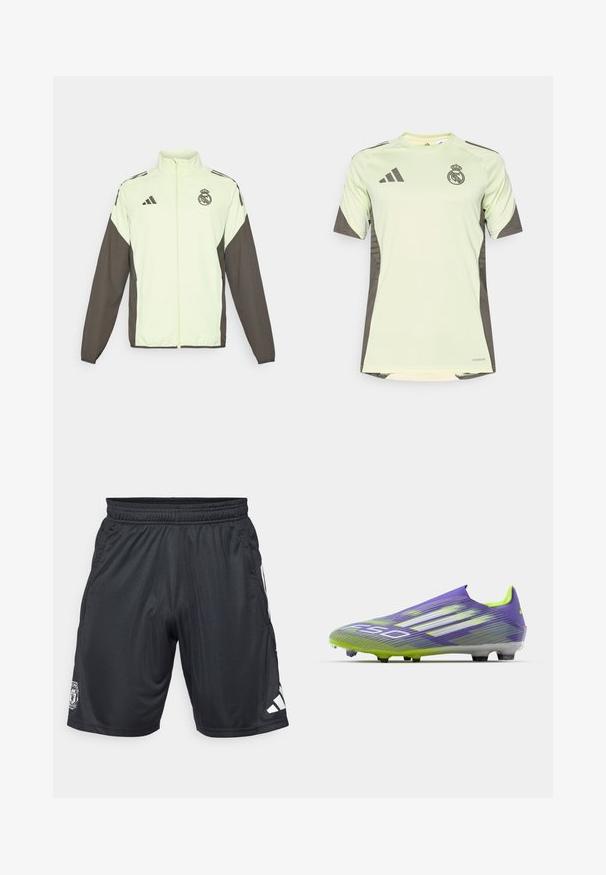 Adidase jakk, mis on kerge rohelise kehaga ja tumedate pruunide varrukatega. Sisaldab kõrget krae, esistzipperit ja logo rinnal.; Hele rohelise värvi lühikeste varrukatega särk tumehallide aktsentidega, mis on varustatud meeskonna logoga rinnal, valmistatud hingavast materjalist, millel on niiskust eemal hoidvad tehnoloogiad.; Mustad mustrekad, mis on valmistatud kergest materjalist. Omab elastset vöökohta, küljetaskuid ja valget adidas logo alumises paremas nurgas.; Jalgpallisussid lilla ja rohelises, millel on voolujooneline disain, tekstureeritud pealis triibumustritega ja pooleläbipaistev tald.