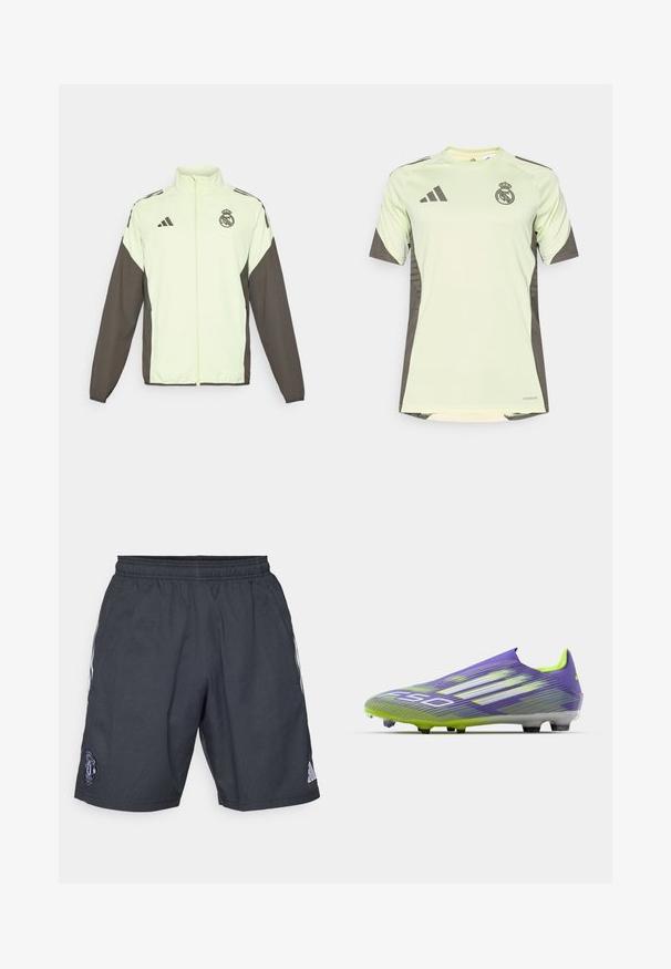 Jakna Adidas s svetlo zelenim telesom in temno rjavimi rokavi. Vključuje visok ovratnik, sprednji zadrgo in logo na prsih.; Svetlo zelena majica s kratkimi rokavi z temno sivoj akcenti, na prsih z logotipom ekipe, izdelana iz zračnega materiala s tehnologijo za odvajanje vlage.; Črne atletske kratke hlače iz zračnega materiala, z elastičnim pasom, belimi stranskimi črtami in logotipom Manchester United.; Nogometna kopačka v vijolični in zeleni barvi, s prefinjenim dizajnom, teksturiranim zgornjim delom s črtnimi vzorci in prosojnim podplatom.