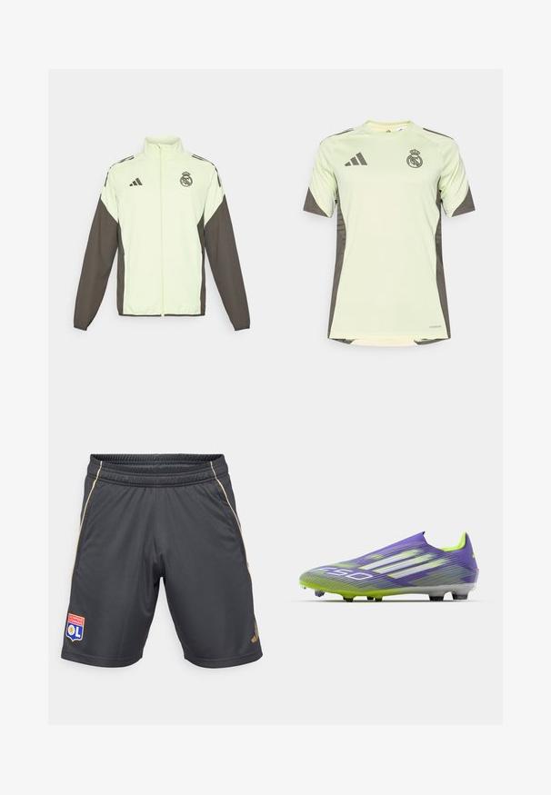 Adidas-jakke med en lys grønn kropp og mørkebrune ermer. Den har en høy krage, frontglidelås og logo på brystet.; Lys grøn kortermet jersey med mørkegrå detaljer, prydet med lagets logo på brystet, laget av pustende materiale med fukttransporterende teknologi.; Grå idrettsshorts med elastisk midjebånd, gull sidetraséer og et logo-merke med en løve og tekst på venstre ben.; Fotballsko i lilla og grønn, med et strømlinjeformet design, teksturert overdel med stripe mønstre, og en gjennomsiktig såle.