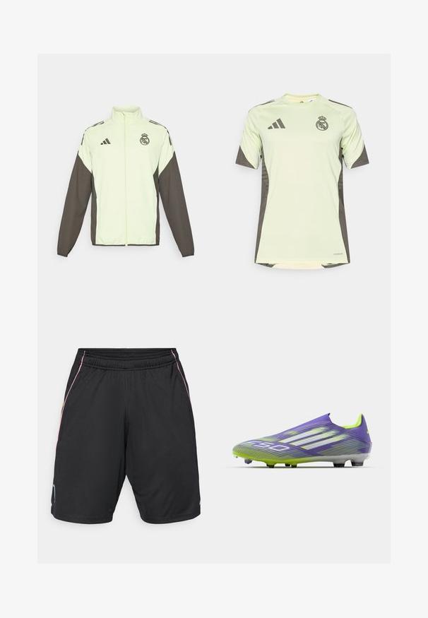 Adidas-jakke med en lys grønn kropp og mørkebrune ermer. Den har en høy krage, frontglidelås og logo på brystet.; Lys grøn kortermet jersey med mørkegrå detaljer, prydet med lagets logo på brystet, laget av pustende materiale med fukttransporterende teknologi.; Sorte treningsshorts med elastisk midje, med rosa og gule sidestriper og en liten blå logo på venstre søm.; Fotballsko i lilla og grønn, med et strømlinjeformet design, teksturert overdel med stripe mønstre, og en gjennomsiktig såle.