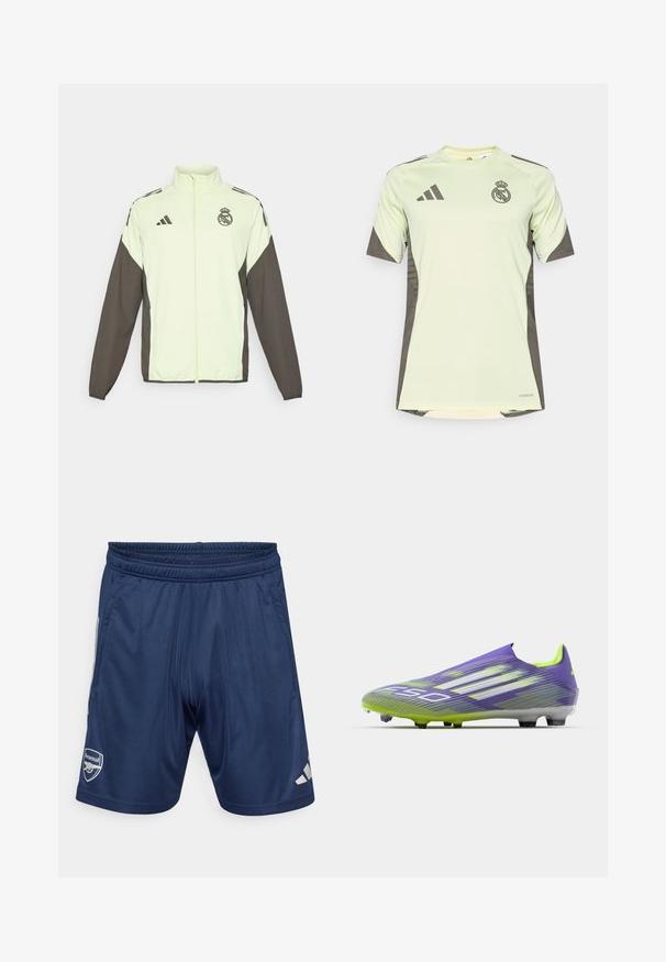 Adidas-jacka med en ljusgrön kropp och mörkbruna ärmar. Den har en hög krage, framfickor med dragkedja och en logotyp på bröstet.; Ljusgrön kortärmad tröja med mörkgrå detaljer, med lagets logotyp på bröstet, gjord av ett andningsbart material med fukttransporterande teknologi.; Marina sportshorts med elastisk midja, två sidofickor och Arsenal-logotypen. Tillverkade av slätt, lättviktsmaterial. Silverdetaljer.; Fotbollssko i lila och grön, med en strömlinjeformad design, texturerad överdel med stripmönster och en genomskinlig sula.