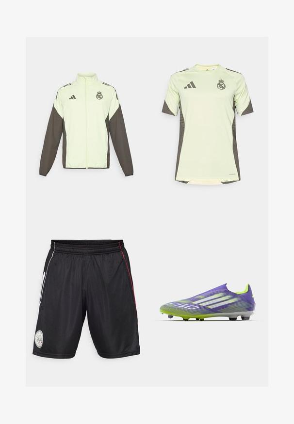 Adidase jakk, mis on kerge rohelise kehaga ja tumedate pruunide varrukatega. Sisaldab kõrget krae, esistzipperit ja logo rinnal.; Hele rohelise värvi lühikeste varrukatega särk tumehallide aktsentidega, mis on varustatud meeskonna logoga rinnal, valmistatud hingavast materjalist, millel on niiskust eemal hoidvad tehnoloogiad.; Mustad sportlikud lühikesed püksid elastse vöökoha, valgete ja punaste külgriidega ning ümmarguse logoga plaastriga vasakul jalal. Sile, kerge kangas.; Jalgpallisussid lilla ja rohelises, millel on voolujooneline disain, tekstureeritud pealis triibumustritega ja pooleläbipaistev tald.