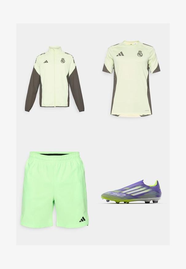 Adidas-Jacke mit einem hellgrünen Hauptteil und dunkelbraunen Ärmeln. Verfügt über einen hohen Kragen, einen Frontreißverschluss und ein Logo auf der Brust.; Helles grünes Kurzarmtrikot mit dunkelgrauen Akzenten, auf der Brust mit dem Teamlogo, aus atmungsaktivem Material mit feuchtigkeitsableitender Technologie.; Hellgrüne Sportshorts mit einem elastischen Bund, seitlichen Taschen und einem schwarzen Adidas-Logo auf der unteren linken Seite. Glattes, leichtes Material.; Fußballschuh in Lila und Grün, mit einem stromlinienförmigen Design, strukturiertem Obermaterial mit Streifenmustern und einer durchsichtigen Sohle.