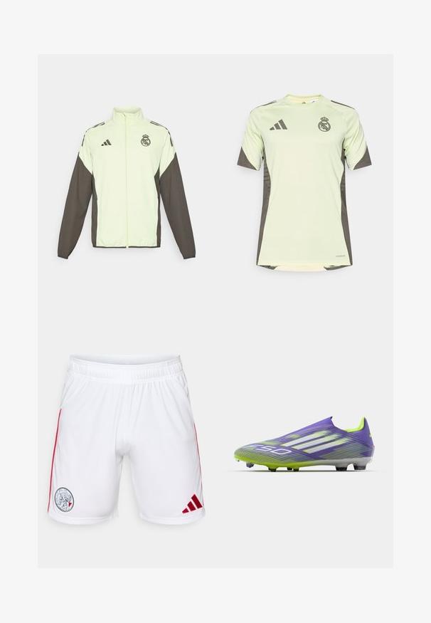 Adidas-Jacke mit einem hellgrünen Hauptteil und dunkelbraunen Ärmeln. Verfügt über einen hohen Kragen, einen Frontreißverschluss und ein Logo auf der Brust.; Helles grünes Kurzarmtrikot mit dunkelgrauen Akzenten, auf der Brust mit dem Teamlogo, aus atmungsaktivem Material mit feuchtigkeitsableitender Technologie.; Weiße Sportshorts aus glattem Stoff, mit roten Seitenstreifen und einem runden Logo am linken Oberschenkel, das ein Sportemblem zeigt.; Fußballschuh in Lila und Grün, mit einem stromlinienförmigen Design, strukturiertem Obermaterial mit Streifenmustern und einer durchsichtigen Sohle.