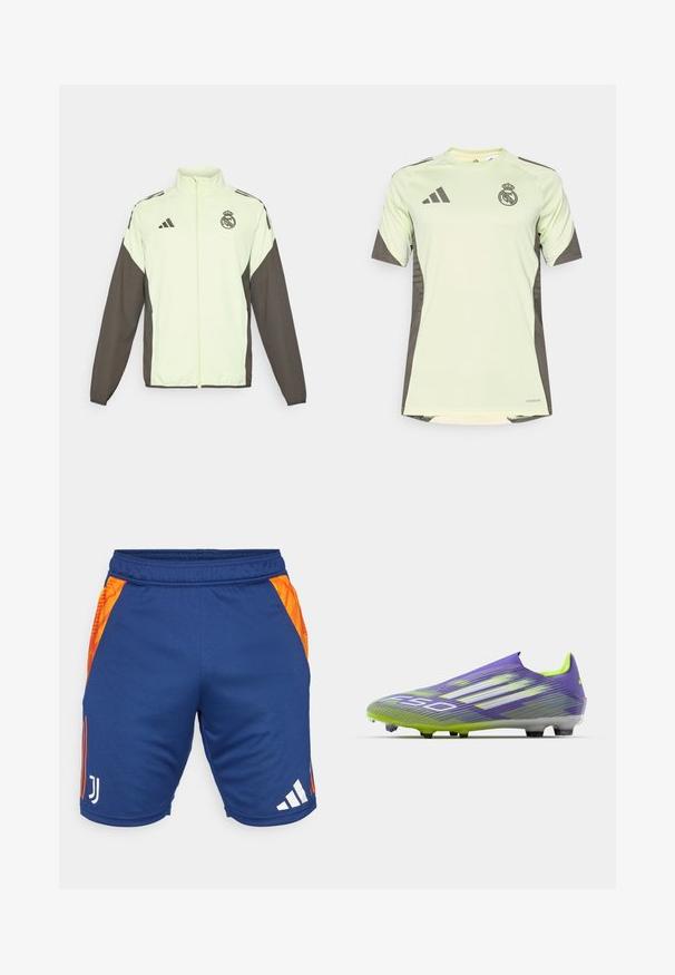 Adidas-takki, jossa on vaaleanvihreä vartalo ja tummanruskeat hihat. Sisältää korkean kauluksen, etuvetoketjun ja logon rinnassa.; Vaaleanvihreä lyhythihainen paita tummanharmailla yksityiskohdilla, jossa on joukkueen logo rinnassa, valmistettu hengittävästä materiaalista, jossa on kosteutta siirtävä teknologia.; Siniset urheilushortsit, joissa on oranssit sivupaneelit, valmistettu sileästä kankaasta. Sisältää valkoiset logot Juventuksesta ja Adidasista. Mukana elastinen vyötärö. ; Jalkapallokengät purppuran ja vihreän sävyissä, joissa on virtaviivainen muotoilu, teksturoitu pinta nauhakuvioilla ja läpinäkyvä pohja.