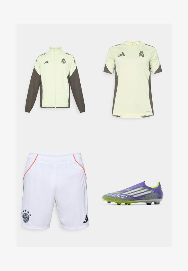 Adidas-Jacke mit einem hellgrünen Hauptteil und dunkelbraunen Ärmeln. Verfügt über einen hohen Kragen, einen Frontreißverschluss und ein Logo auf der Brust.; Helles grünes Kurzarmtrikot mit dunkelgrauen Akzenten, auf der Brust mit dem Teamlogo, aus atmungsaktivem Material mit feuchtigkeitsableitender Technologie.; Weiße Sportshorts mit schwarzen und orangefarbenen Akzenten. Mit dem Logo des FC Bayern München und drei schwarzen Streifen an der Seite. Leichtes Material.; Fußballschuh in Lila und Grün, mit einem stromlinienförmigen Design, strukturiertem Obermaterial mit Streifenmustern und einer durchsichtigen Sohle.
