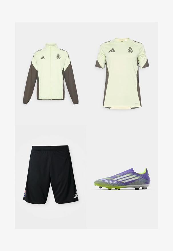 Adidas jaka ar gaiši zaļu ķermeni un tumši brūnām piedurknēm. Iekļauj augstu apkakli, priekšējo rāvējslēdzēju un logotipu uz krūtīm.; Gaiši zaļš īsām piedurknēm džersija ar tumši pelēkiem akcentiem, ar komandas logo uz krūtīm, izgatavota no elpojoša materiāla ar mitrumu vogošitu tehnoloģiju.; Melni sporta šorti, kas izgatavoti no gludas, vieglas auduma. Iespējas ietver elastīgu jostasvietu, Adidas logo pelēkā krāsā un uzņemšanu sānos.; Futbola zābaks purpursarkanā un zaļā krāsā, ar plūstošu dizainu, teksturētu augšdaļu ar svītru rakstiem un caurspīdīgu zoli.