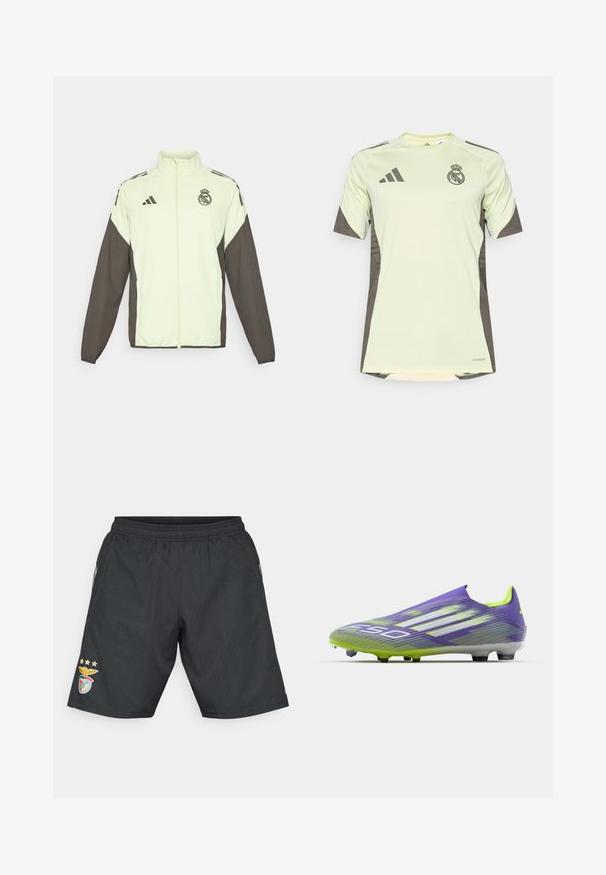 Adidas jakna s svijetlozelenim tijelom i tamnosmešnim rukavima. Ima visoki ovratnik, predni zip i logo na prsima.; Svijetlozeleni kratki rukav dres s tamnosivim detaljima, na prsima s timskim logom, izrađen od prozračnog materijala s tehnologijom odvlačenja vlage.; Crne sportske kratke hlače s elastičnim pojasom, s logotipom Benfice sa zlatnim detaljima i tri zvijezde iznad njega na lijevoj nozi.; Nogometna kopačka u ljubičastoj i zelenoj boji, s aerodinamičnim dizajnom, teksturiranim gornjim dijelom sa uzorkom pruga i prozirnom potplatom.