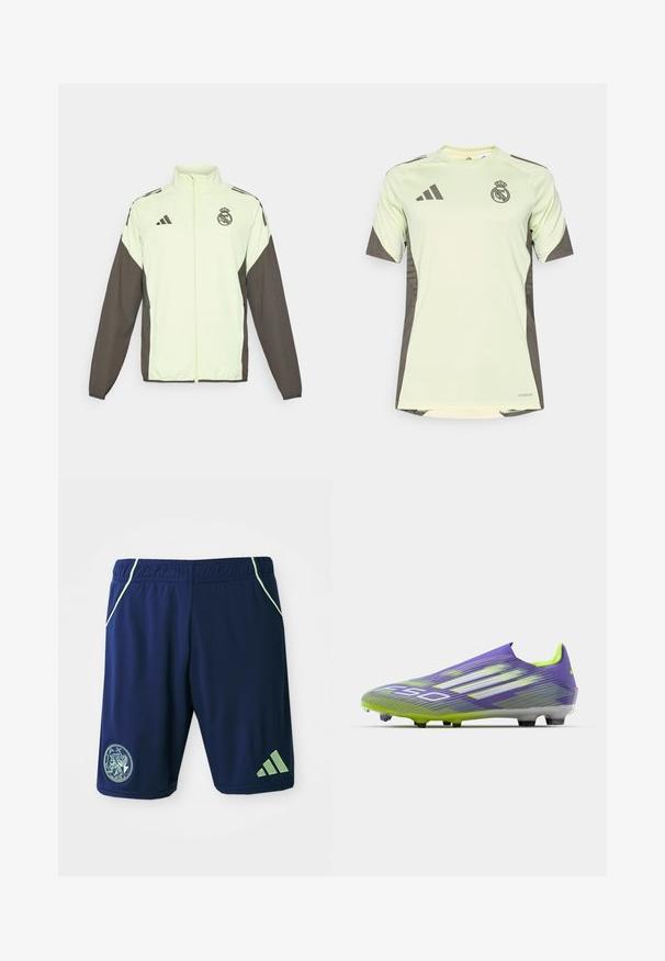 Casaco Adidas com um corpo verde claro e mangas castanhas escuras. Inclui um colarinho alto, fecho de correr à frente e logótipo no peito.; Jersey verde claro de mangas curtas com detalhes em cinza escuro, apresentando o logótipo da equipa no peito, feito de material respirável com tecnologia de absorção de humidade.; Calções atléticos azul-marinho com detalhes em verde, cintura elástica, bolsos laterais, patch de logo e design de três riscas na parte inferior da perna.; Chuteira de futebol em roxo e verde, apresentando um design aerodinâmico, parte superior texturizada com padrões em faixa e uma sola translúcida.